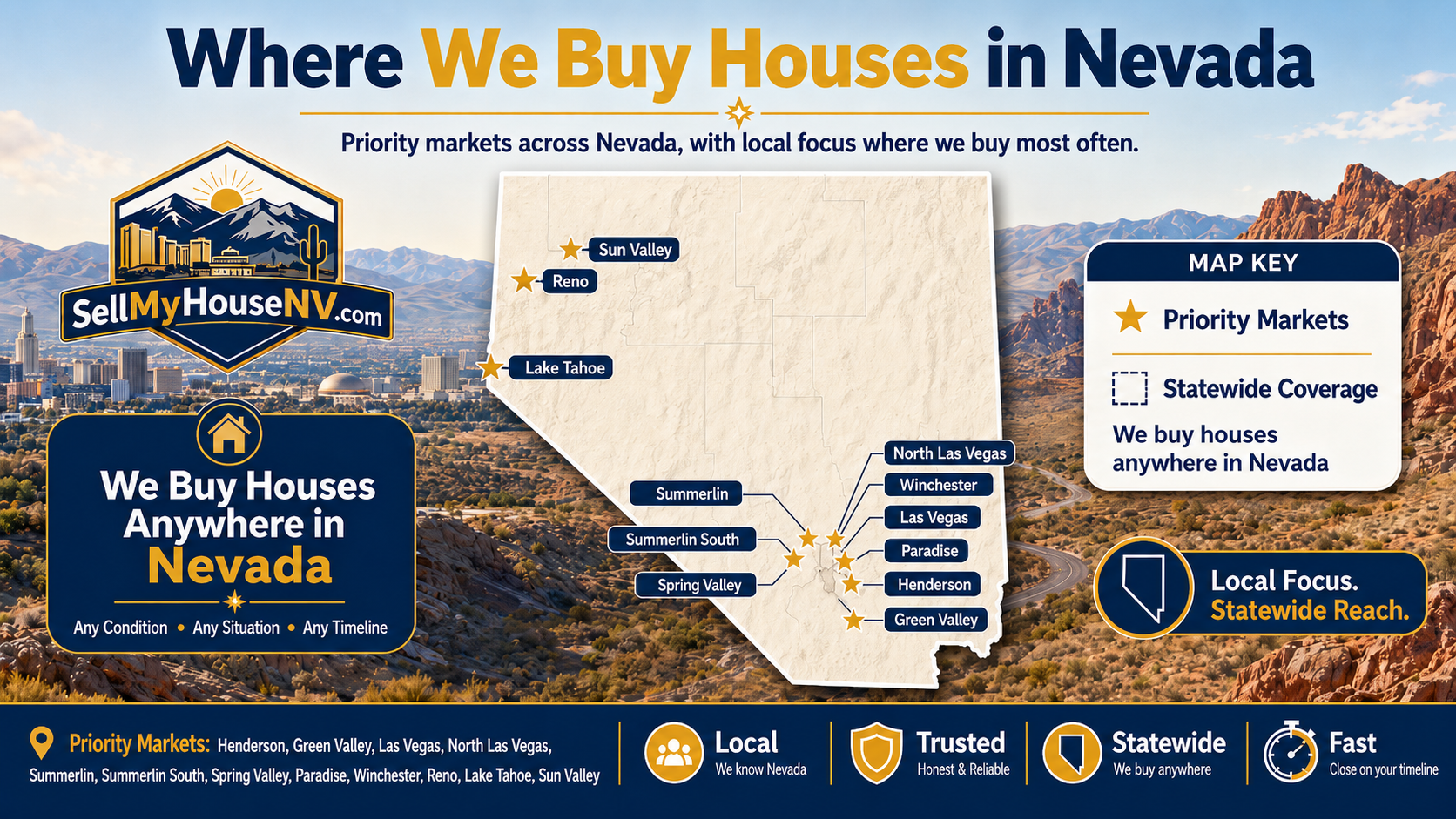 Sell My House NV service area map of Nevada with markers on Reno, Sun Valley, Lake Tahoe, Las Vegas, North Las Vegas, Summerlin, Summerlin South, Spring Valley, Paradise, Winchester, Henderson, and Green Valley