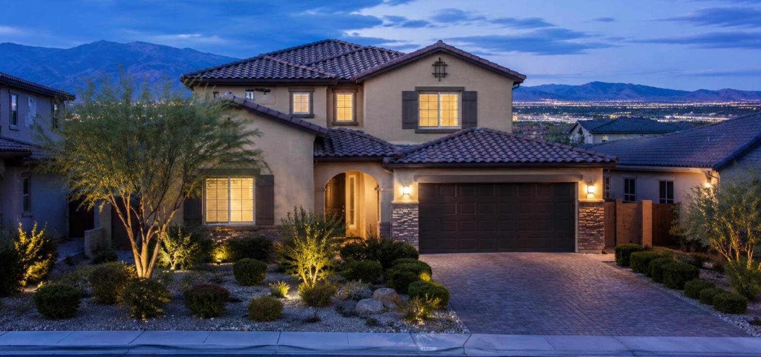 Two-story home in a Las Vegas valley neighborhood at dusk with the city lights behind it