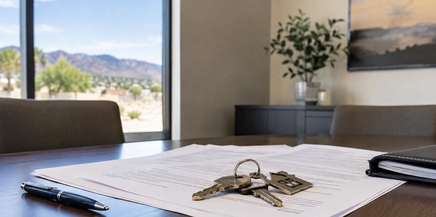 Closing documents and house keys on a table at a Nevada title company where title issues are cleared before closing