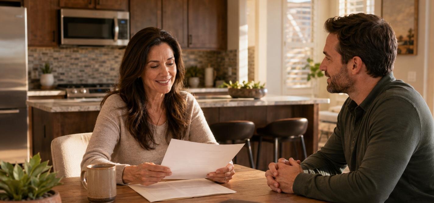 A homeowner reviewing a written cash offer at a kitchen table during a Nevada divorce sale