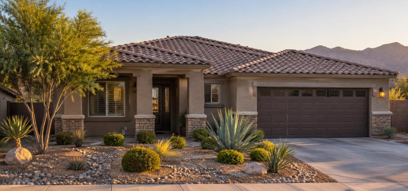 Single-story stucco home with desert landscaping in a Henderson, Nevada neighborhood at sunset
