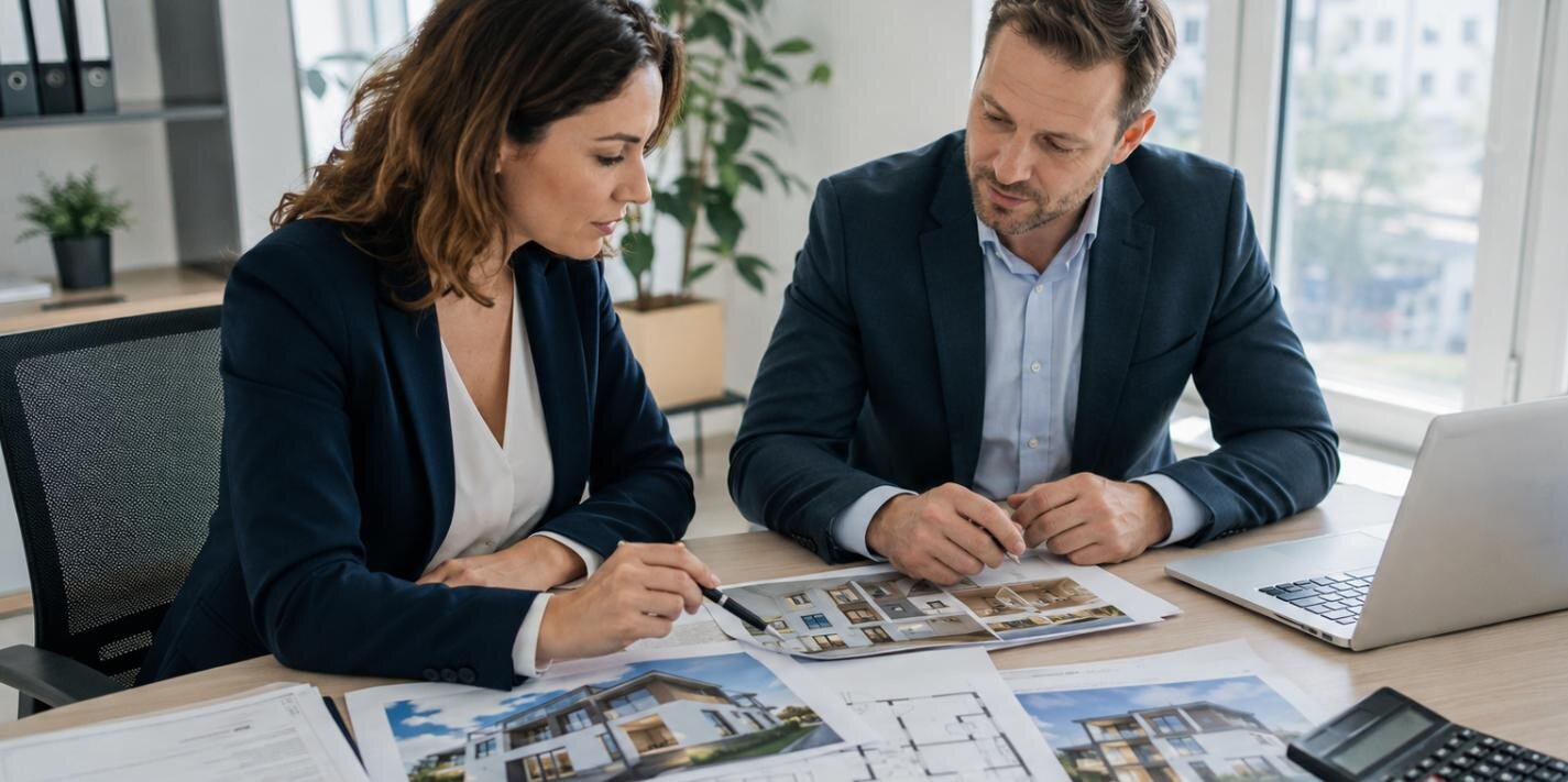 Two people reviewing property photos, a floor plan, and paperwork with a laptop and calculator while evaluating a Nevada house