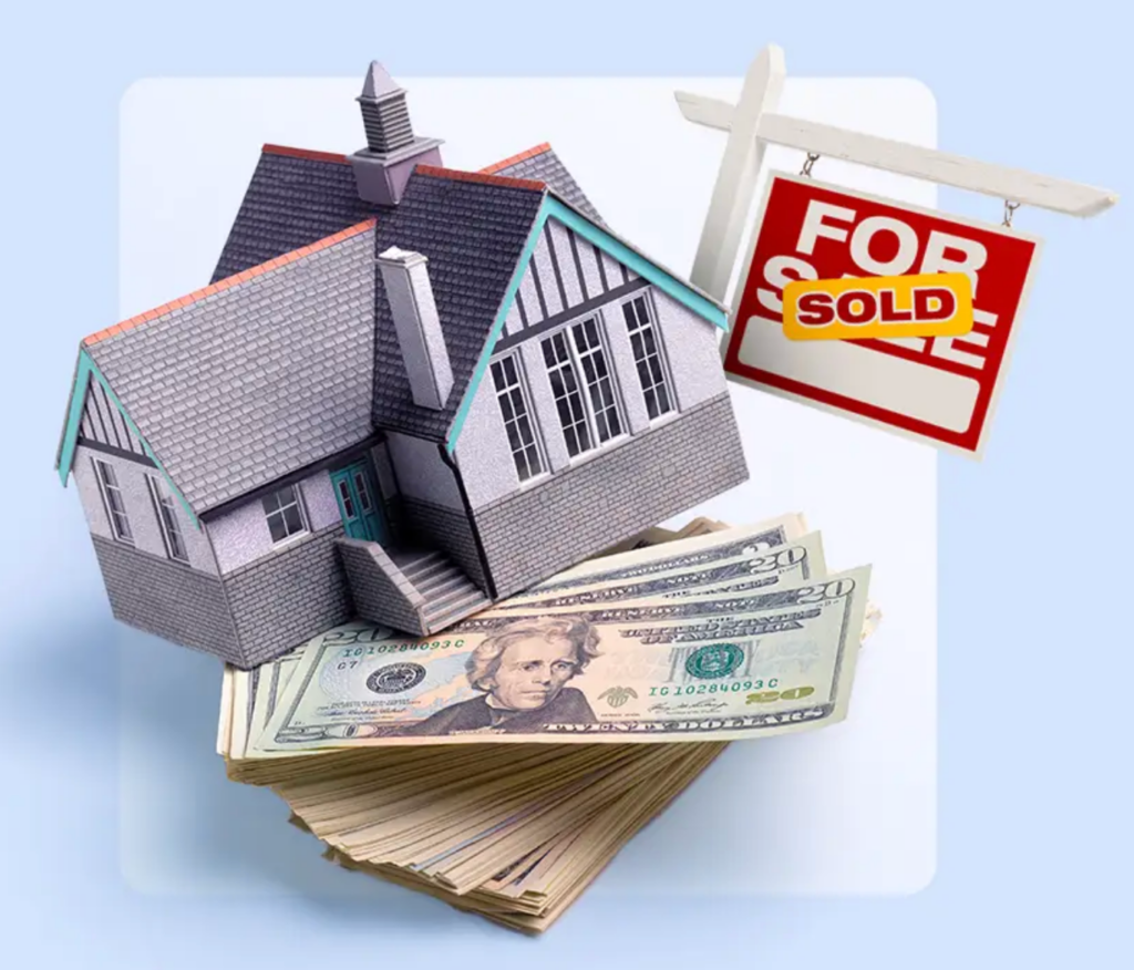 Illustration of a house on a stack of cash beside a Sold sign