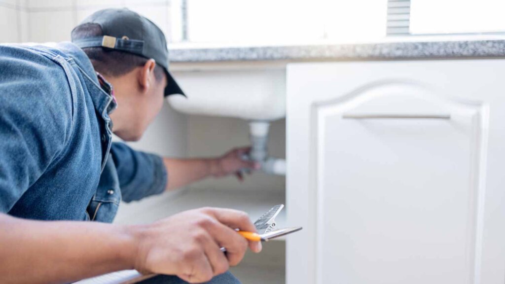 Professional home maintenance service in Mandeville LA inspecting plumbing under kitchen sink