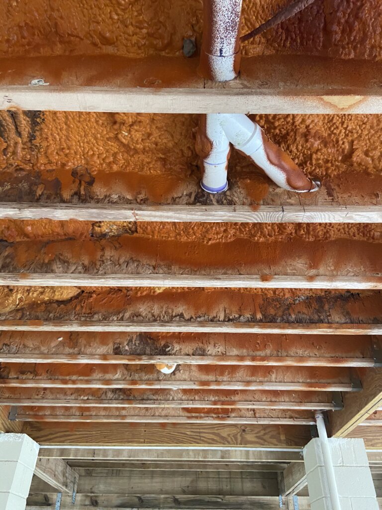 Rotted subfloor joists beneath Mandeville raised home bathroom