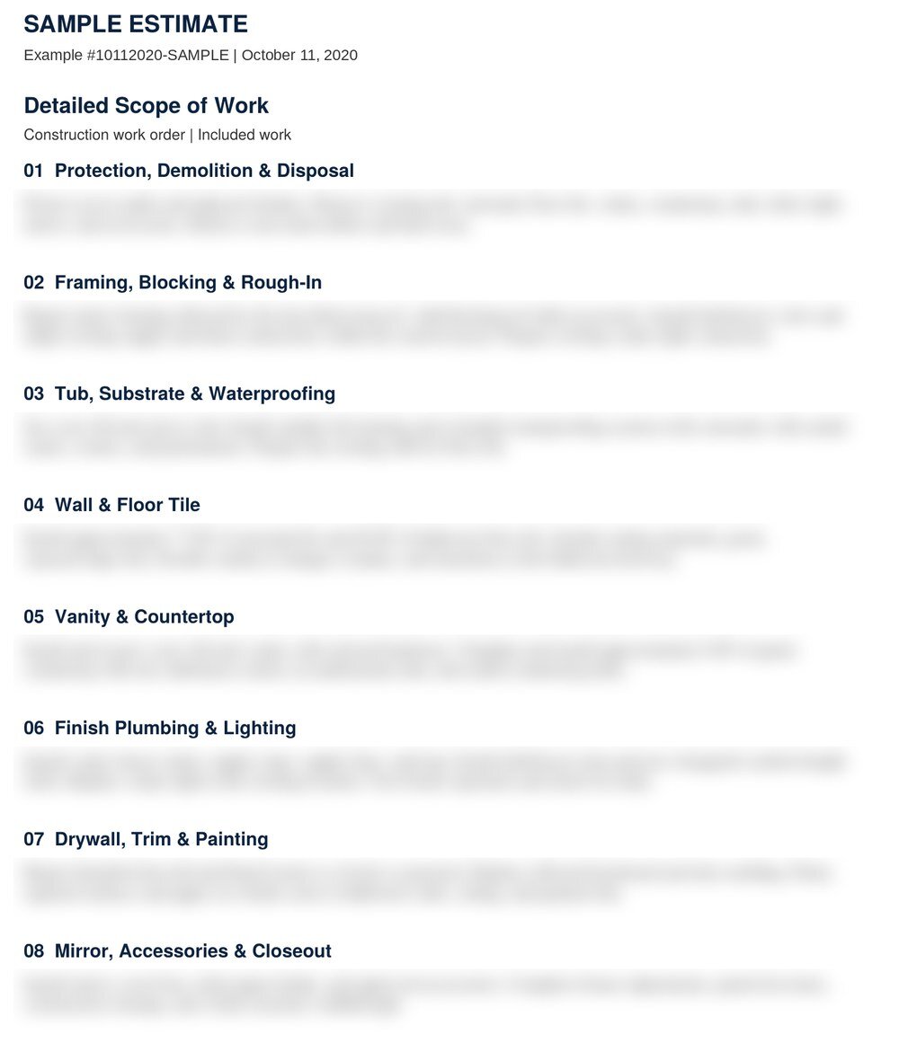 Scope of work page from a sample Total Construction & Renovation bathroom estimate, showing eight phases of work