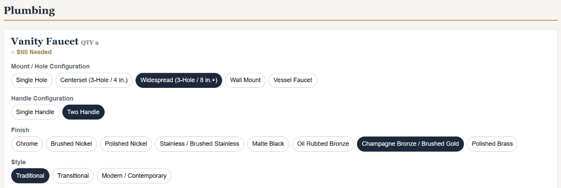 Selection screen in the TCR Customer Project Portal showing vanity faucet options for mount, handles, finish, and style