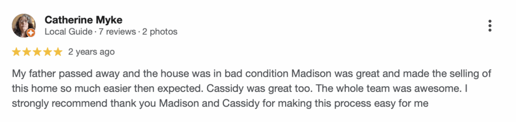 5 star customer review about East Coast Home Buyers