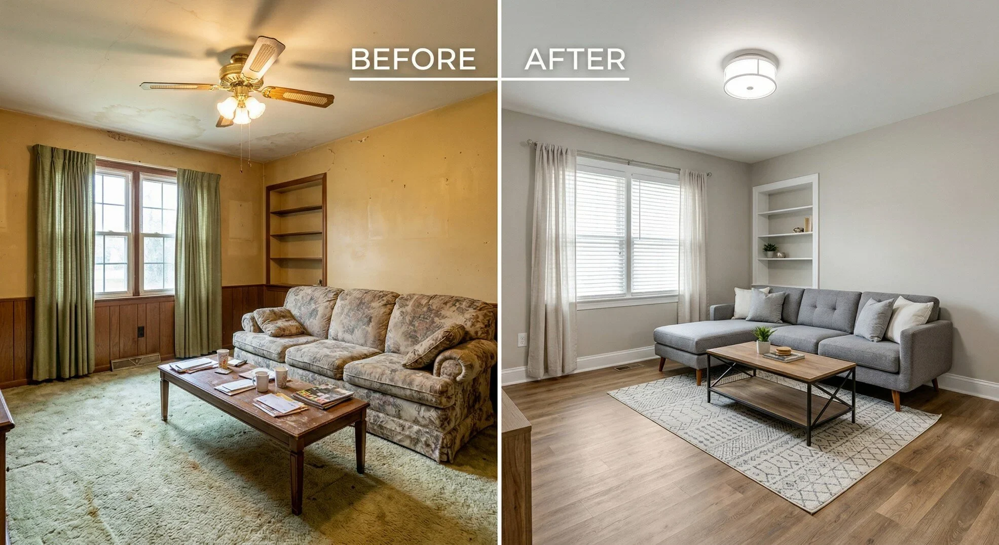 Living room — before and after ExitVest