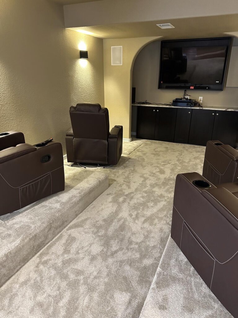 basement home theater from bar view