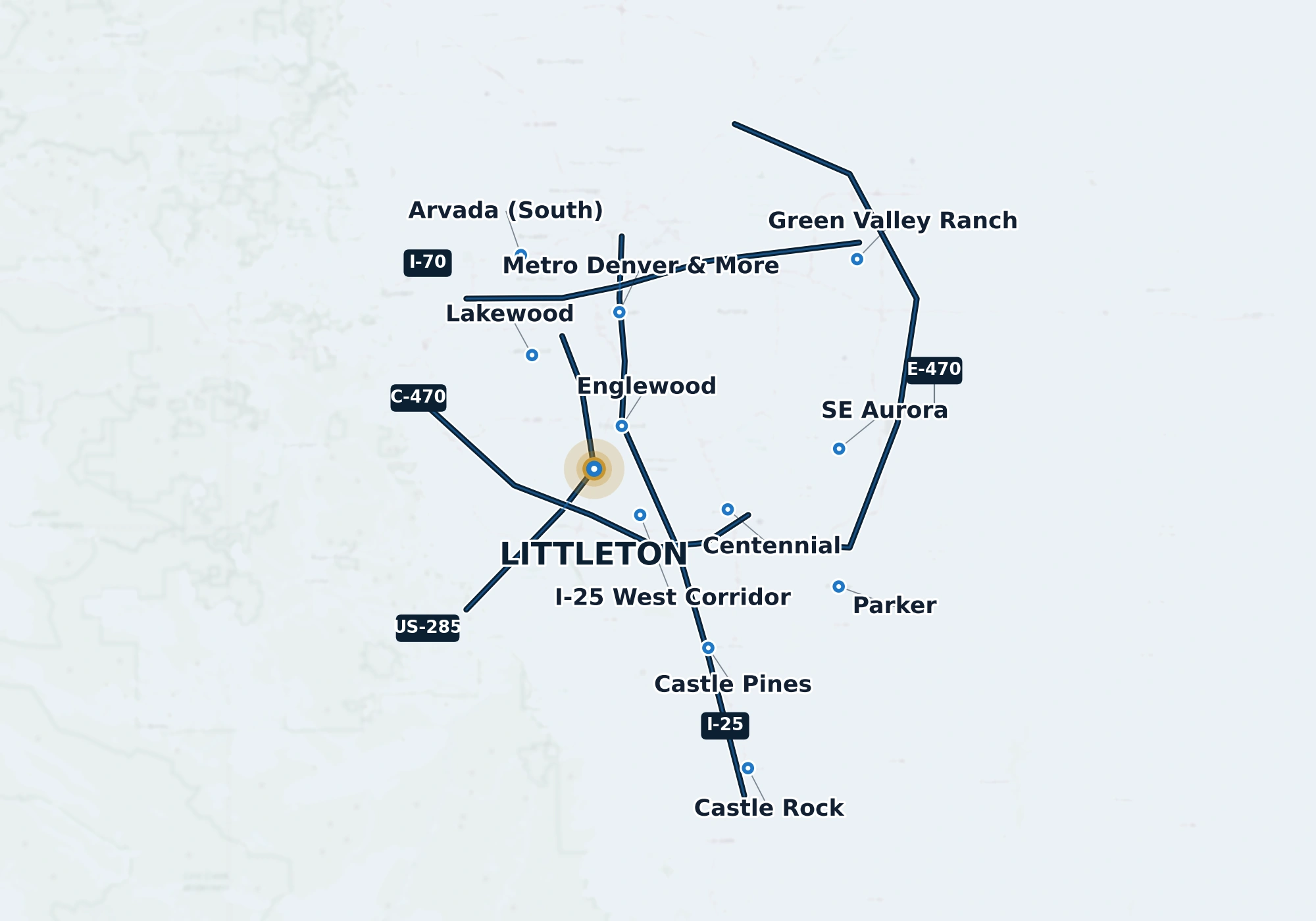 Clean road map of the greater Denver metro area showing The Build Squad service communities, centered on Littleton, with I-25, I-70, C-470, E-470 and US-285 corridors