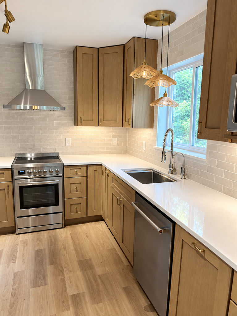Remodeled kitchen with wood cabinetry, white quartz counters, and brass pendant lighting