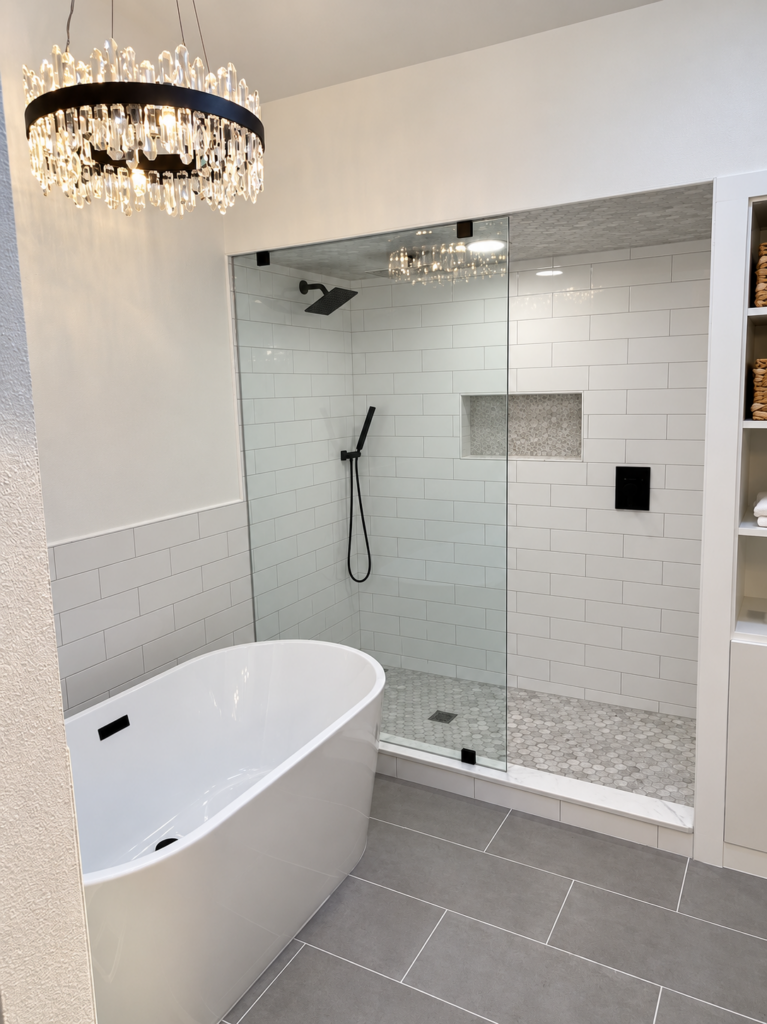 Bathroom with crystal chandelier, freestanding tub, and glass-enclosed shower