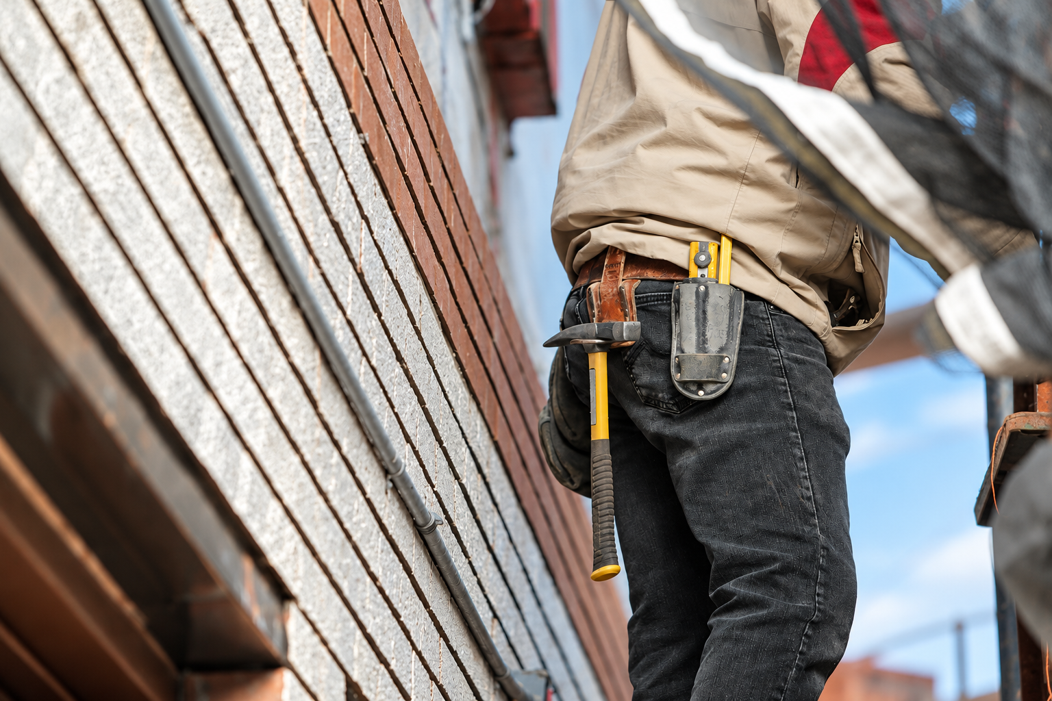 Construction worker with tool belt beside a brick exterior wall during renovation work