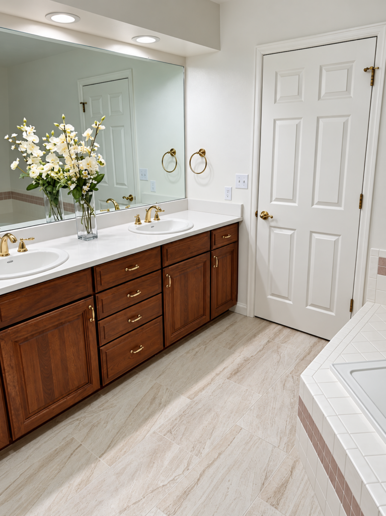 Bathroom with wood double vanity, brass fixtures, and tile flooring