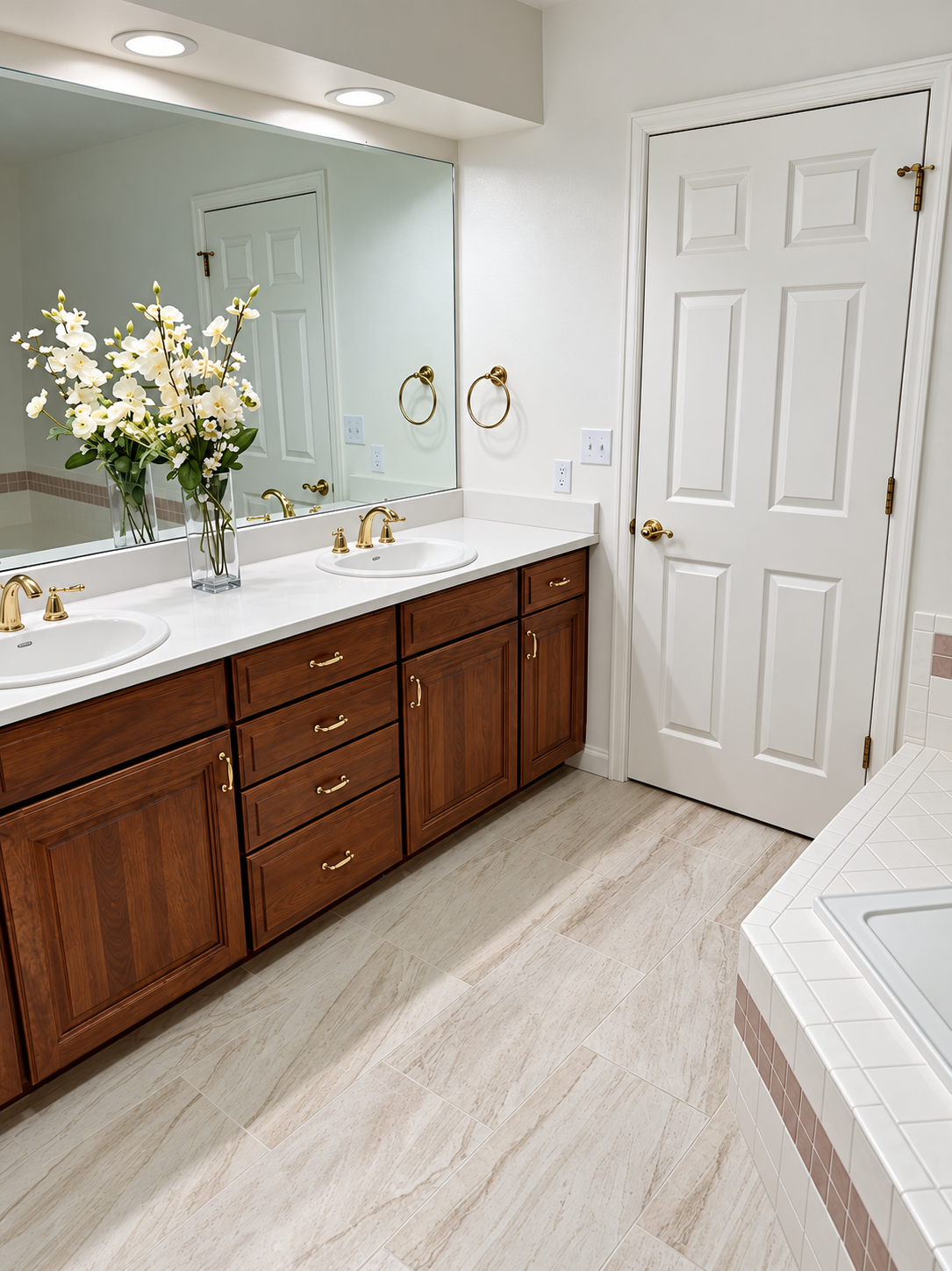 Bathroom with wood double vanity, brass fixtures, and tile flooring