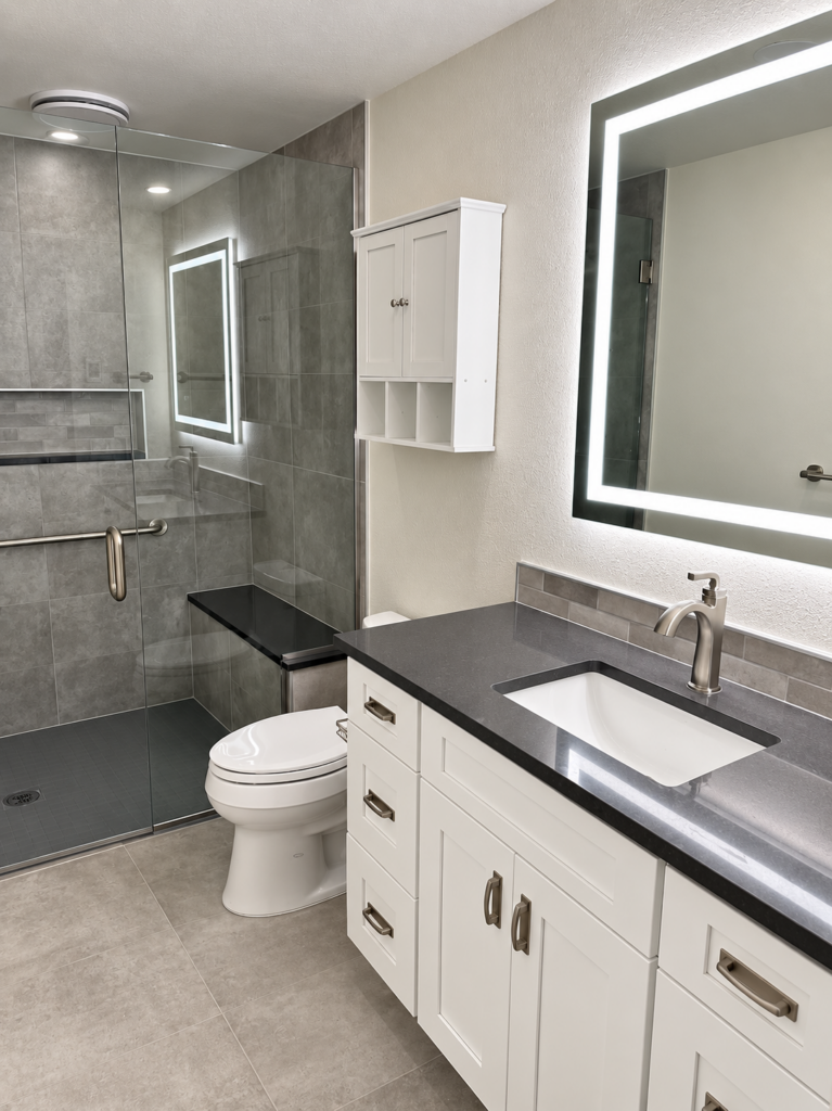 Accessible bathroom with curbless shower, grab bar, and gray tile