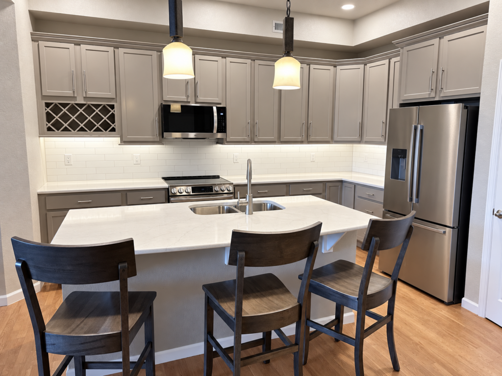 Kitchen with gray cabinetry, stainless appliances, and island seating