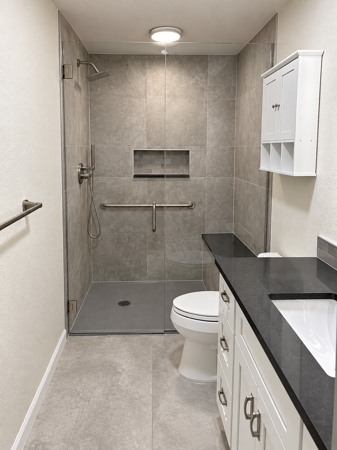 Curbless walk-in shower with grab bar and gray tile