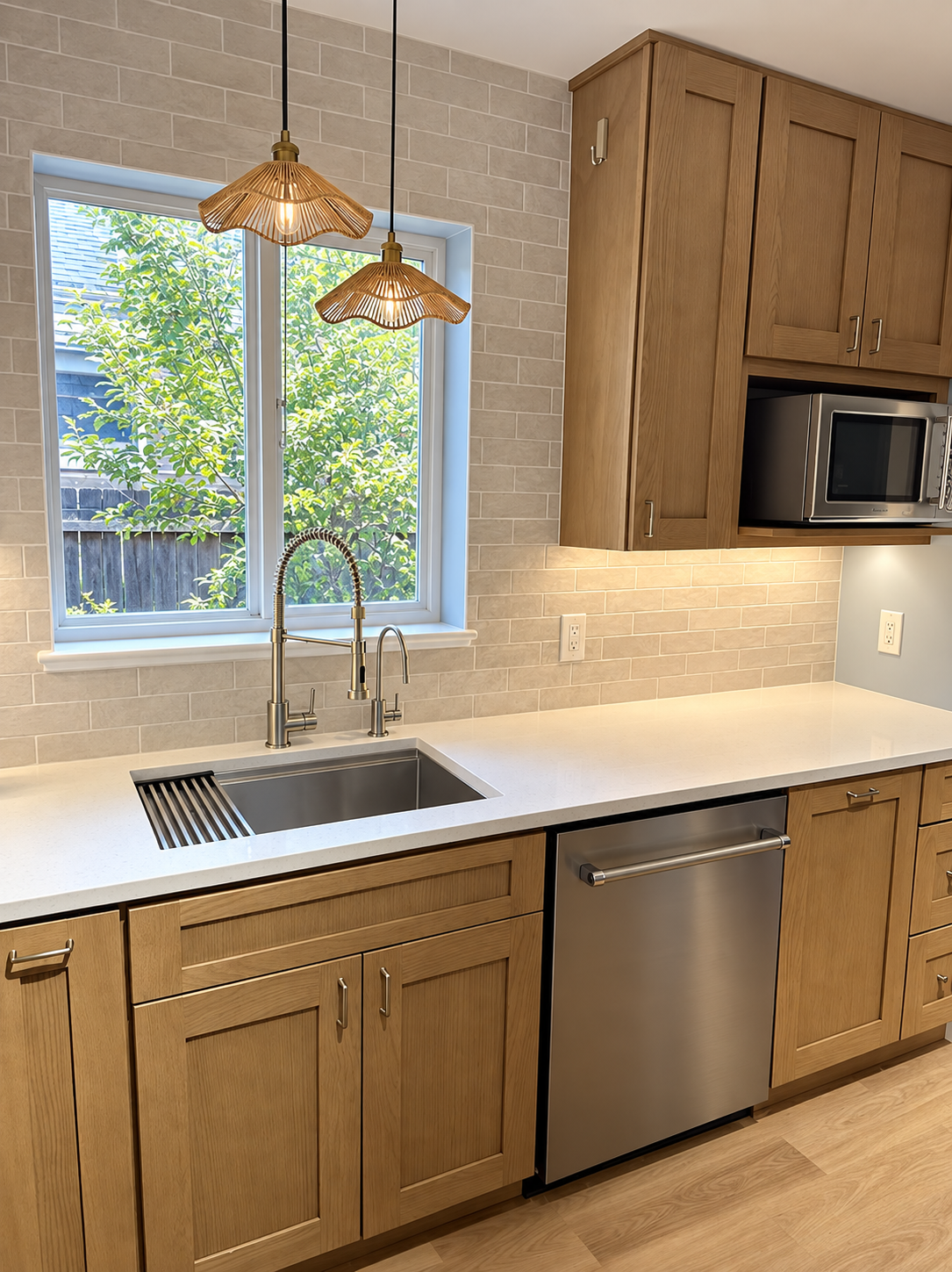 Kitchen sink with brass faucet, wood cabinetry, and pendant lighting