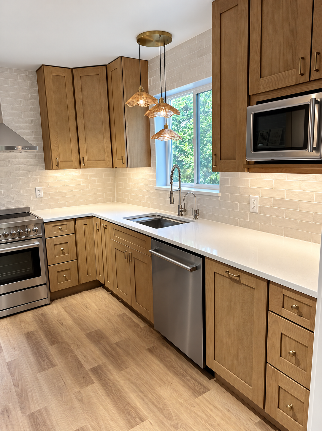 Remodeled kitchen with wood cabinetry, tile backsplash, and stainless appliances