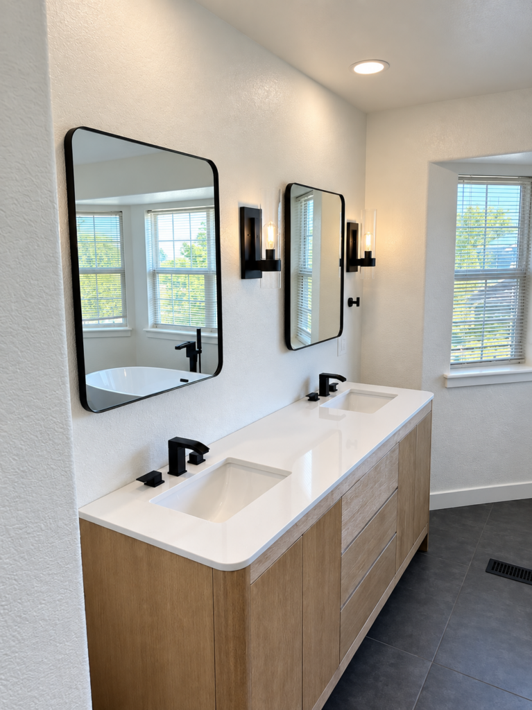 Light wood double vanity with black fixtures and framed mirrors