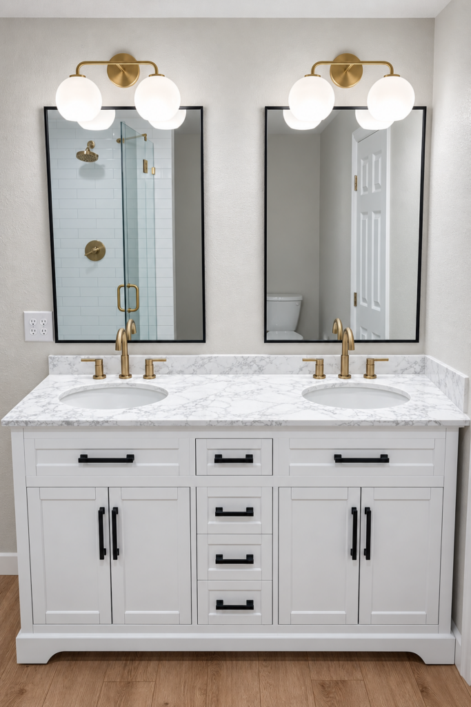 Bathroom remodel by The Build Squad featuring a white double vanity with brass fixtures