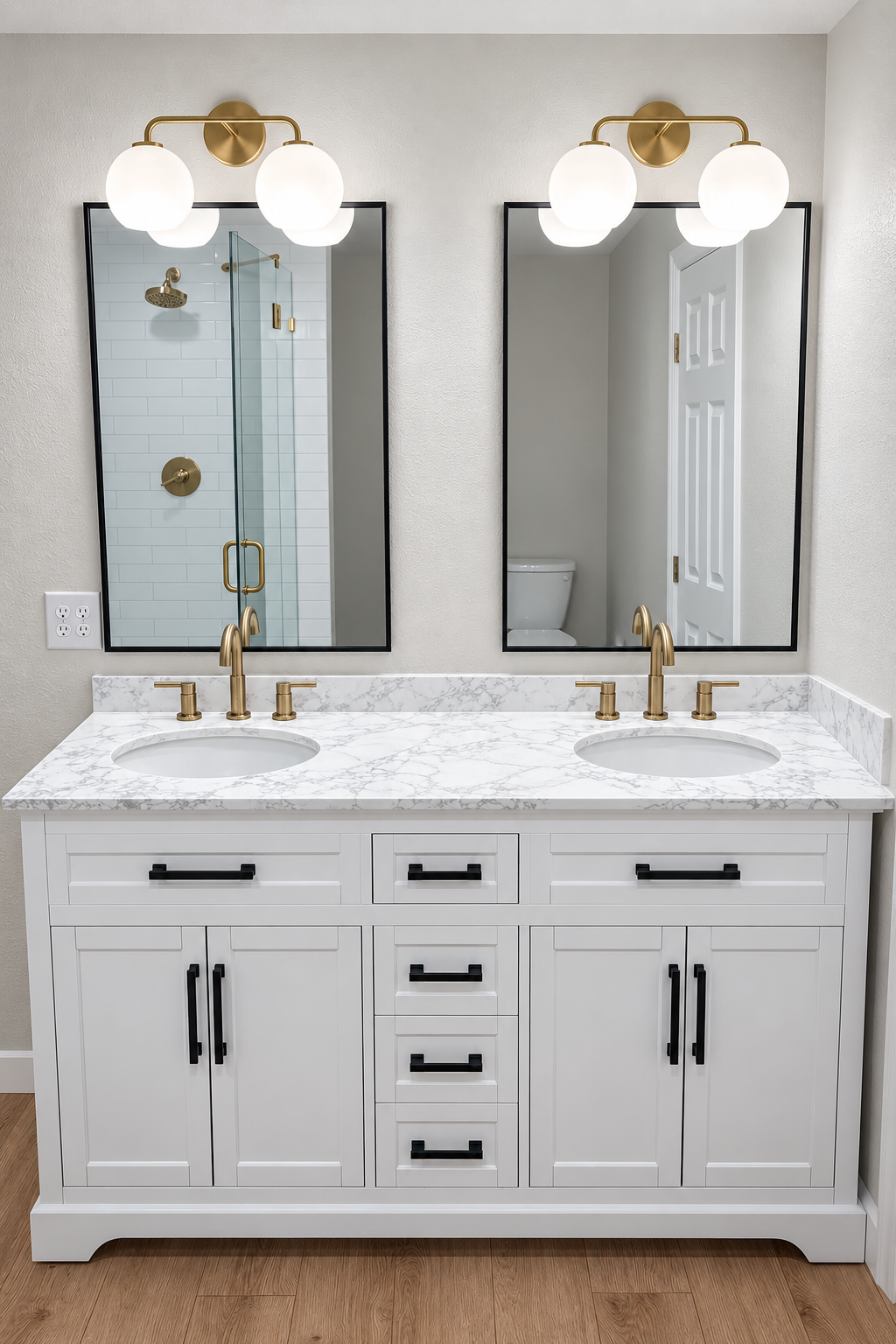 White double vanity with brass fixtures and globe sconce lighting