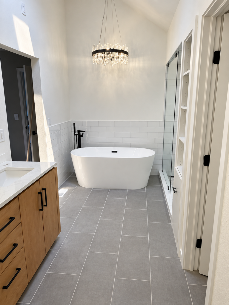 Bathroom with freestanding tub, crystal chandelier, and walk-in shower