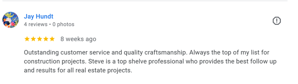 Five-star customer review for HQ Home Buyers in Tampa Bay highlighting Steve’s exceptional customer service, expert craftsmanship, and dependable real estate investment and construction project results
