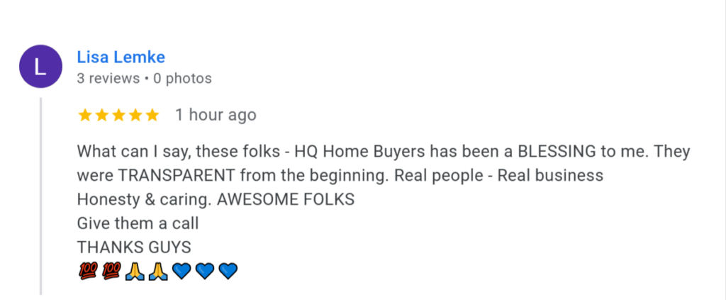 Five-star customer testimonial for HQ Home Buyers in Tampa Bay highlighting transparent communication, honest home buying process, and compassionate service from a trusted local real estate investment company