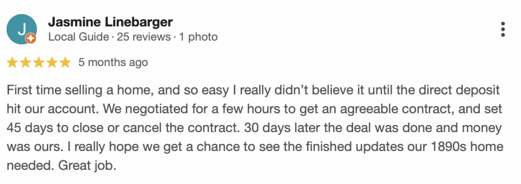 5 star Prairie Home Buyer Google Review
