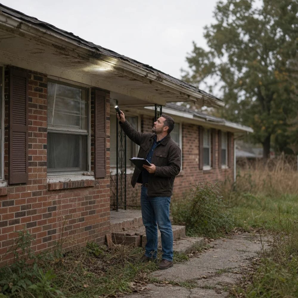 Buyer inspecting storm-damaged roof of a Huntsville, AL house needing major repairs