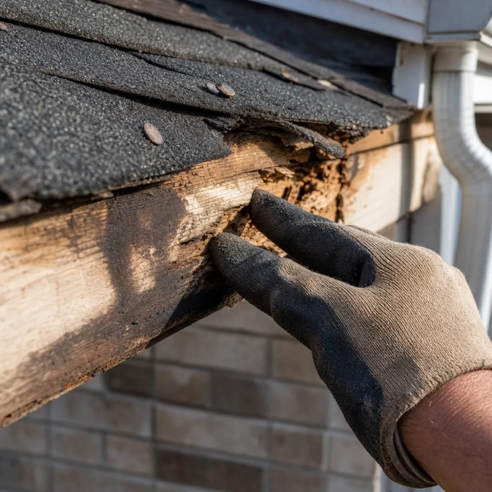 Hand testing rotted roof decking during major repair home inspection in Huntsville, AL