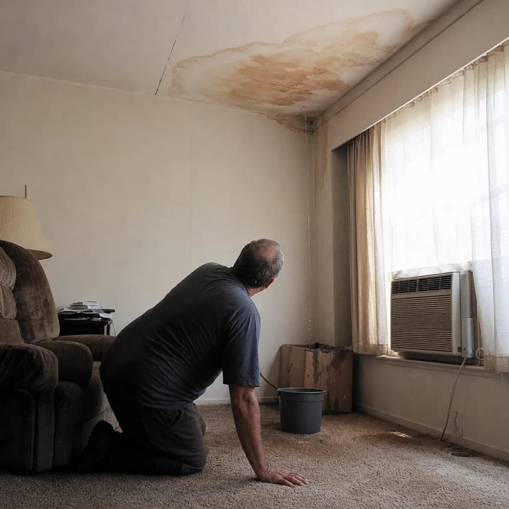 Homeowner examining water damage ceiling stain inside Huntsville, AL house