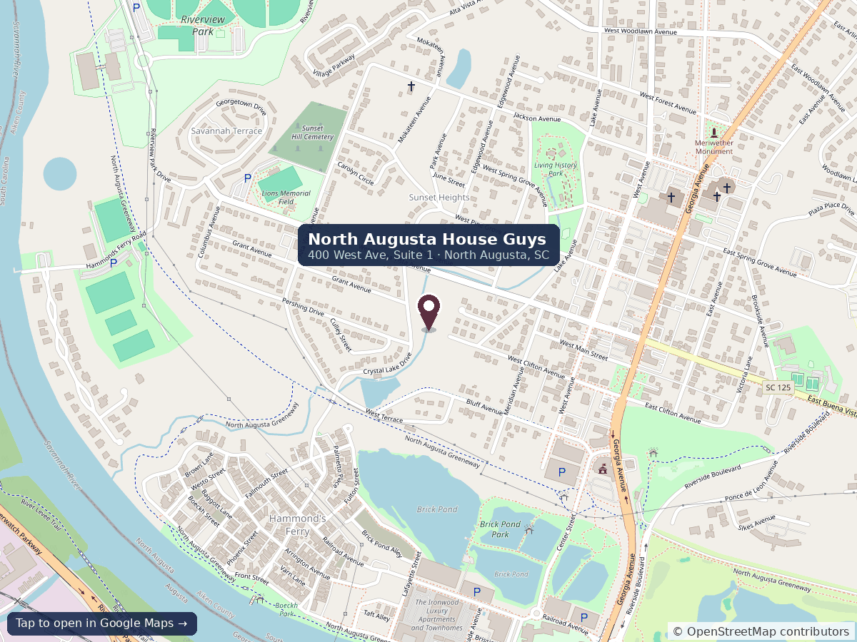 Map of North Augusta House Guys office at 400 West Ave, Suite 1, North Augusta, SC — tap to open in Google Maps