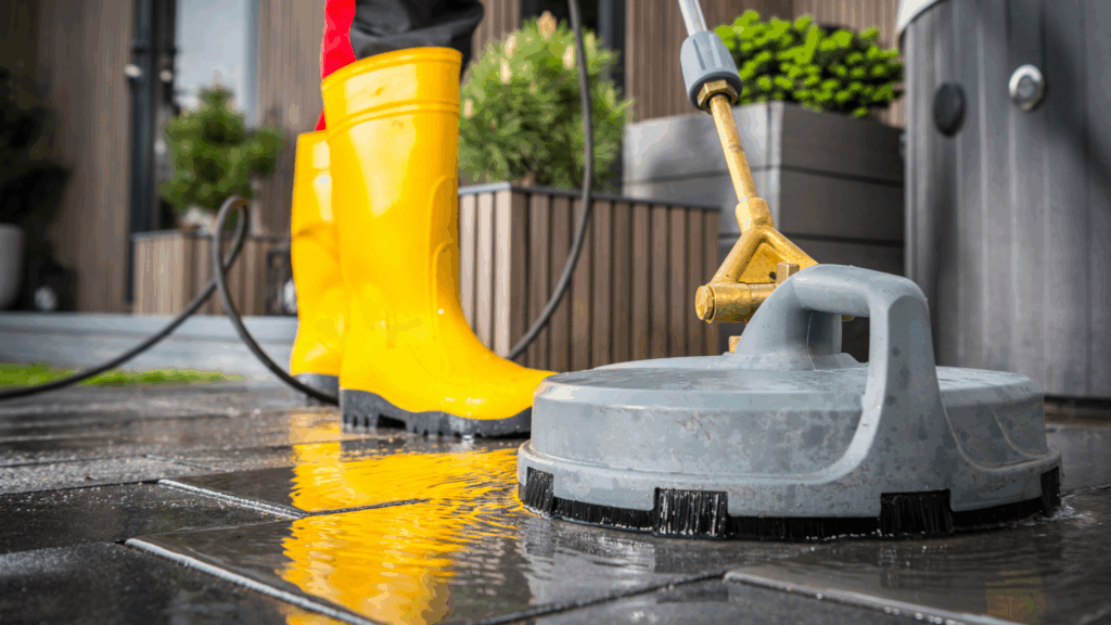 Worker using a professional surface cleaner on concrete in Roanoke Va
