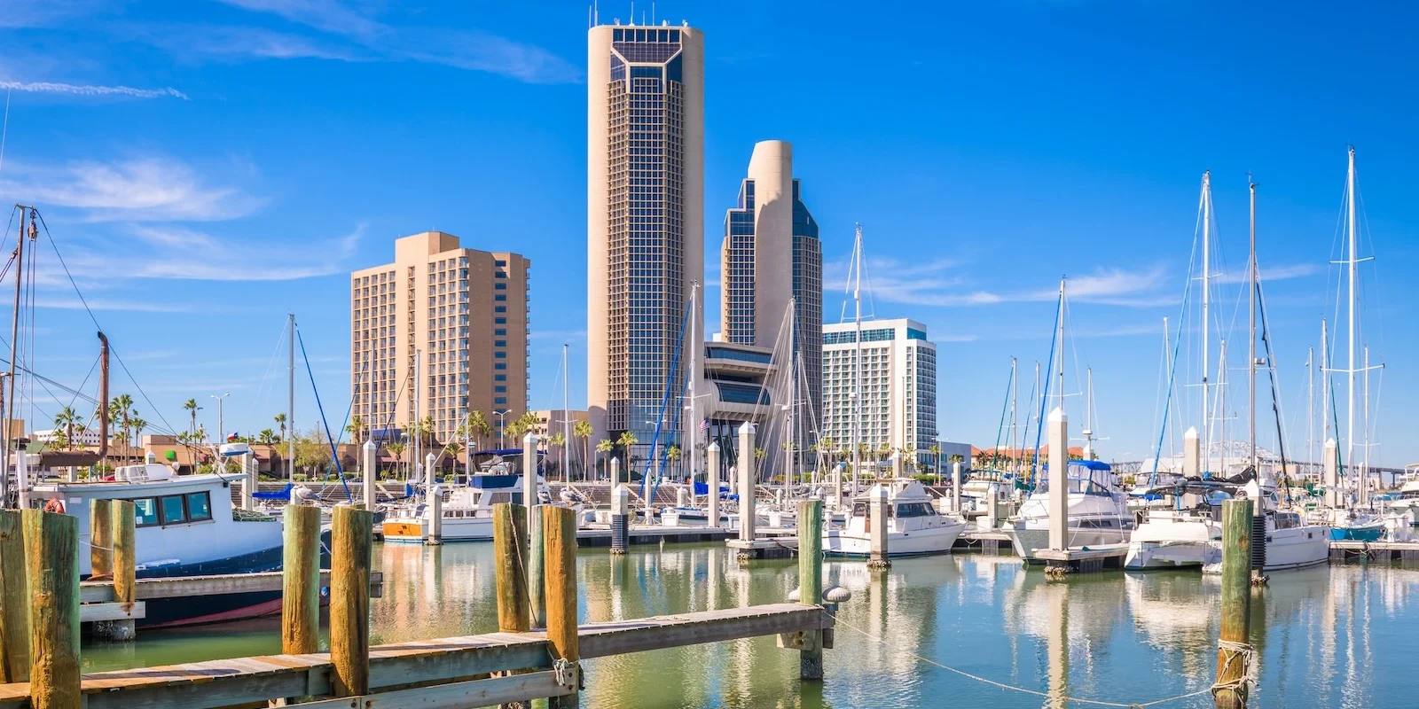 View of Corpus Christi Texas skyline from the water