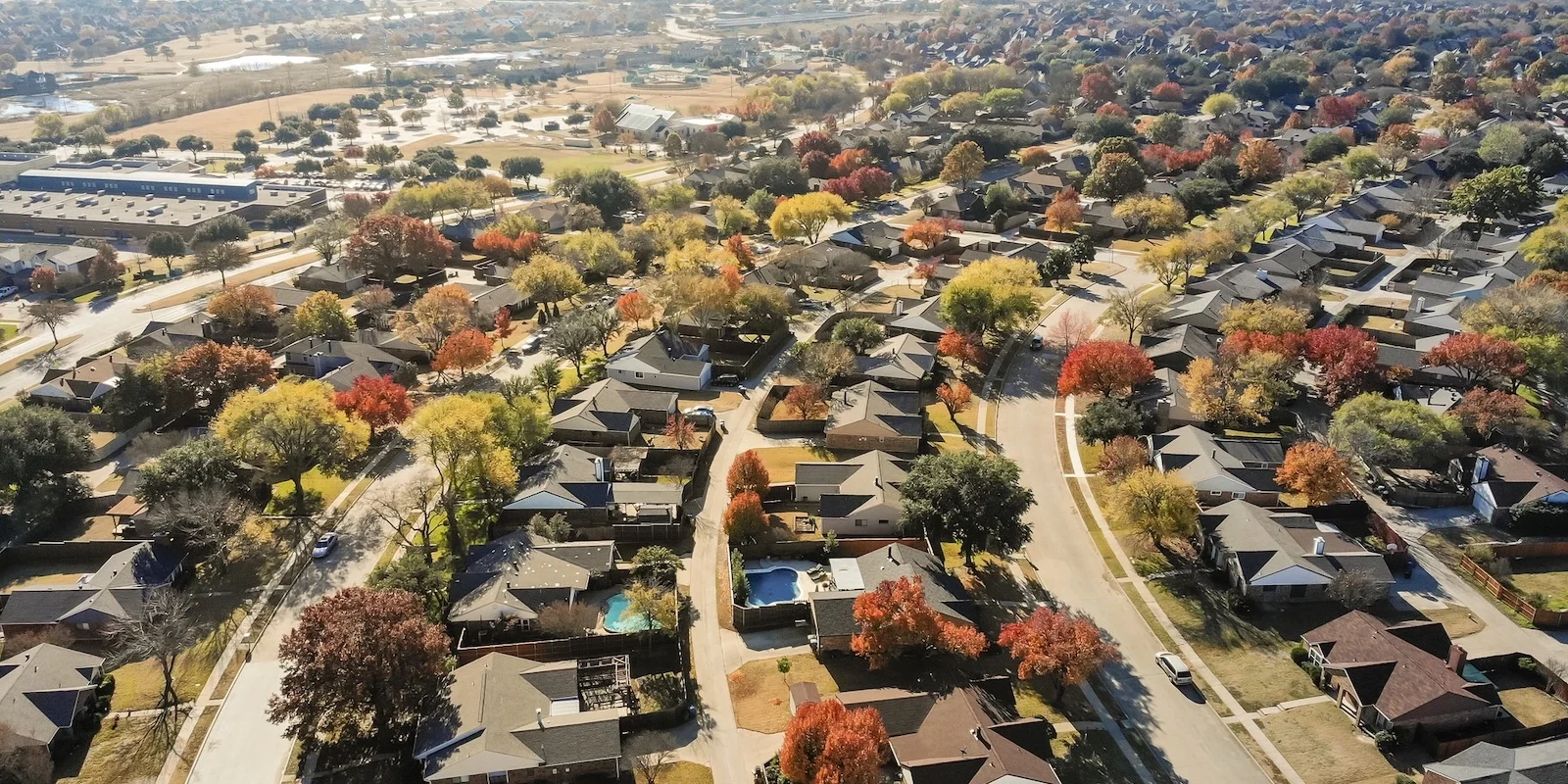 Aerial view of residential neighborhood near Carrollton Texas