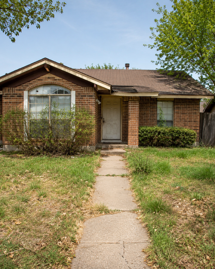 North Texas brick house with overgrown landscaping and visible deferred maintenance
