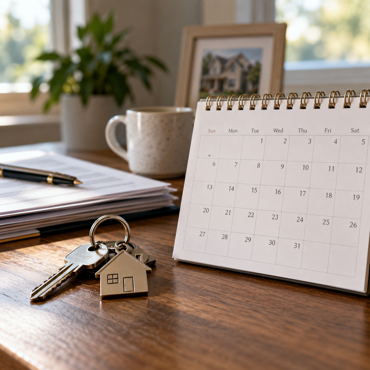 A calendar and house keys on a table, representing the timing decision of when to sell a home during divorce
