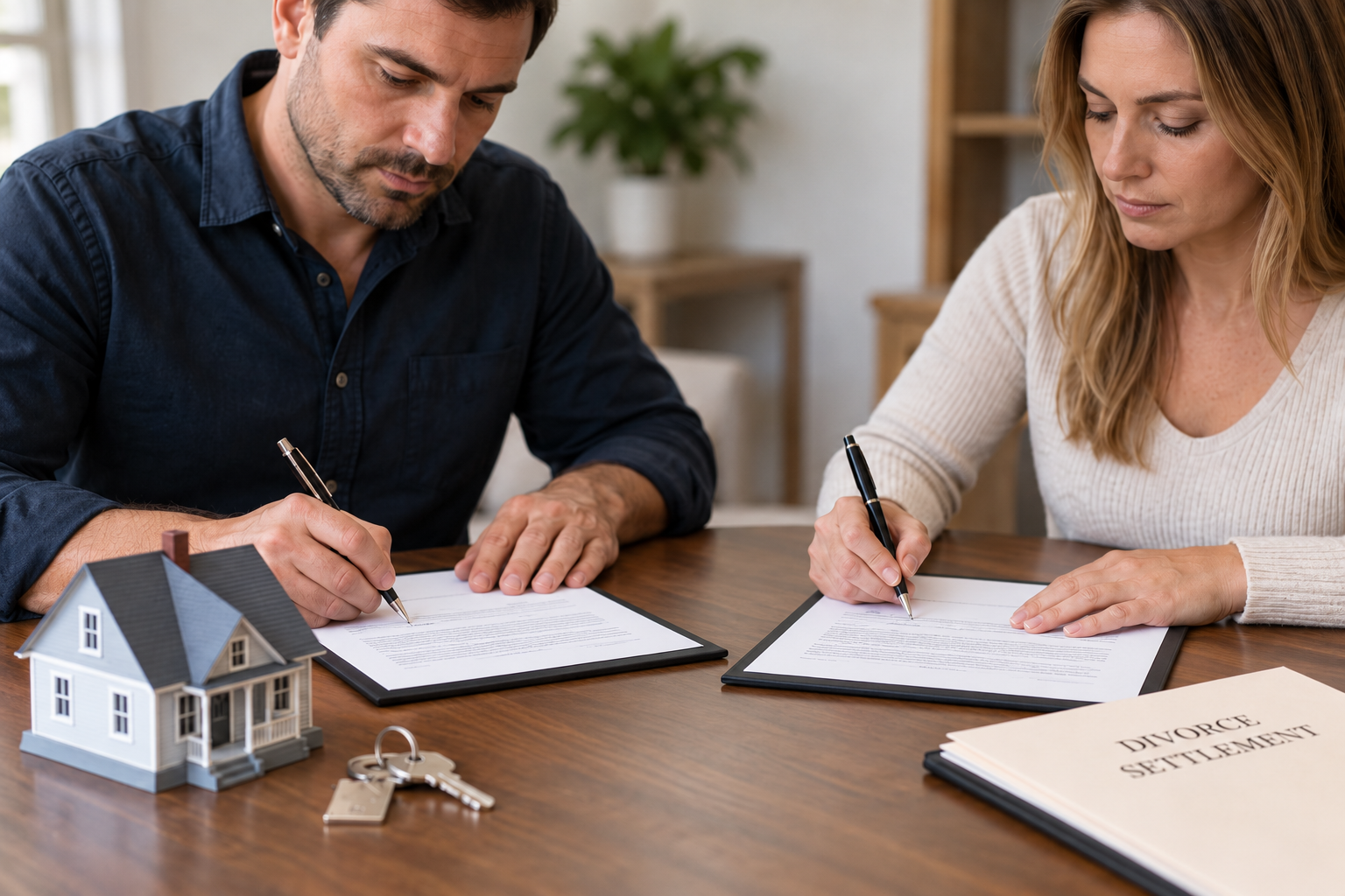 Two people signing a deed document at a table, representing selling a house to an ex-spouse during divorce