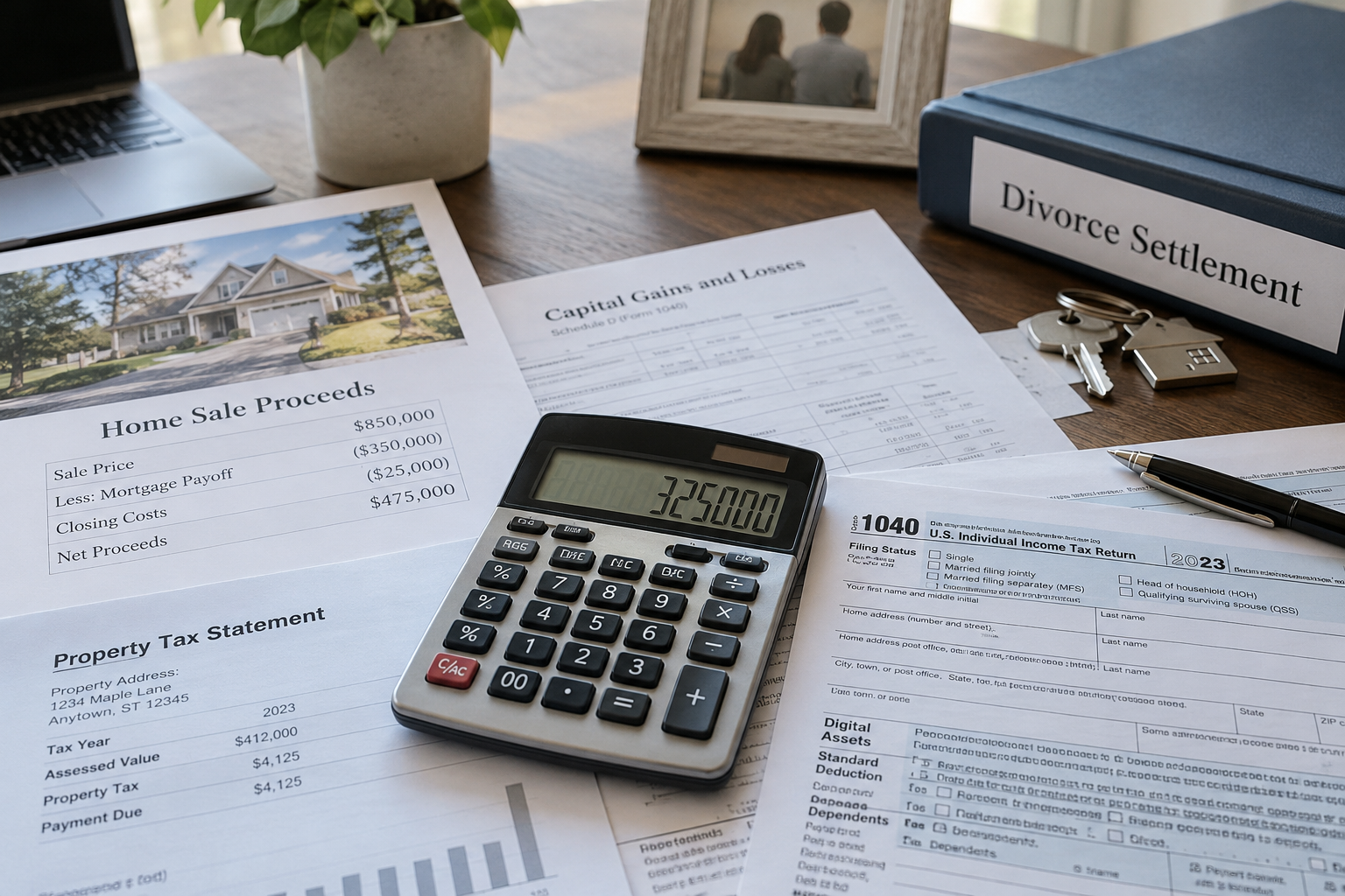 A calculator and tax documents on a table, representing capital gains tax considerations when selling a house during divorce