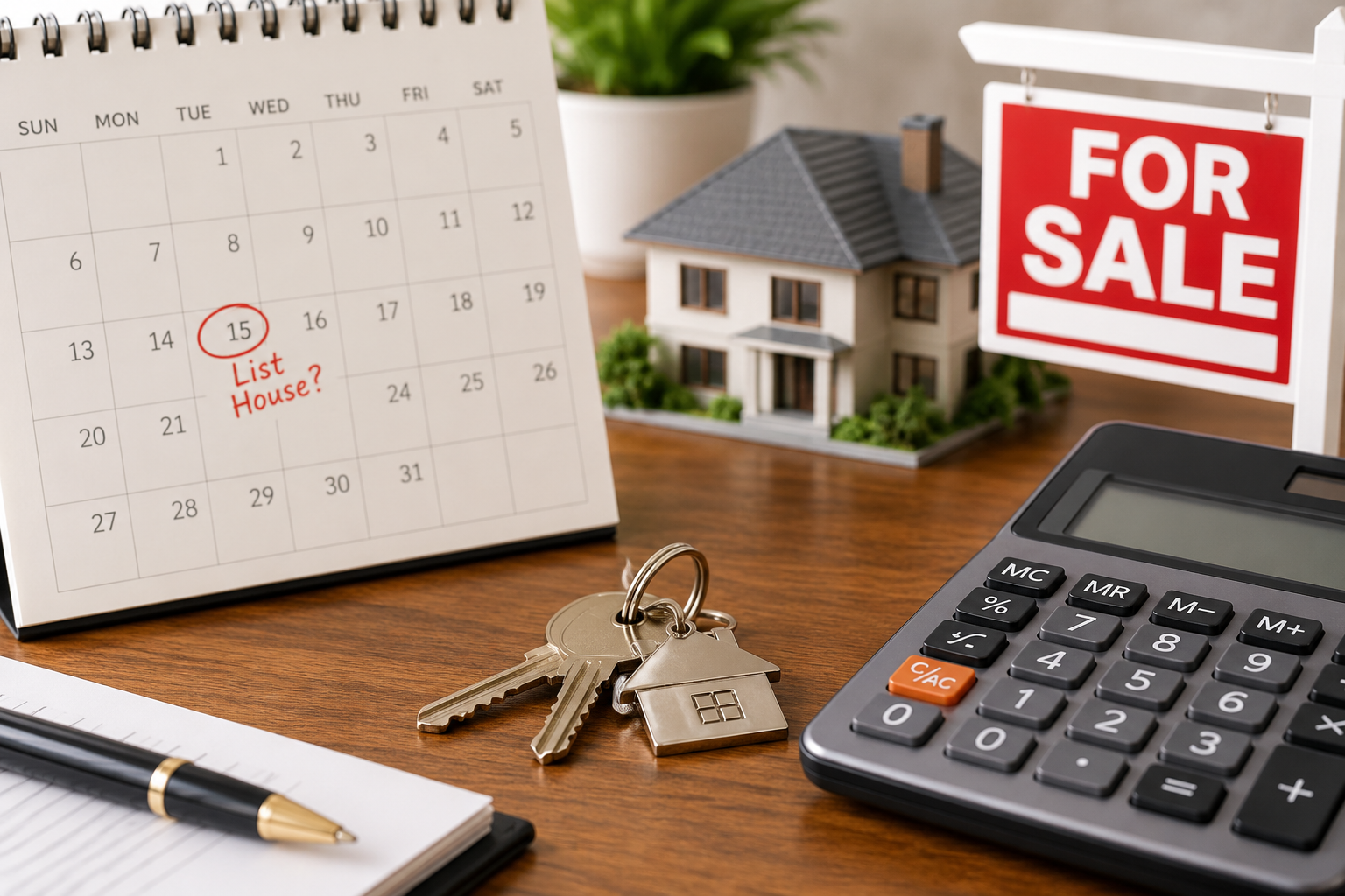 A calculator and house keys on a table, representing the financial decision between selling and a divorce buyout