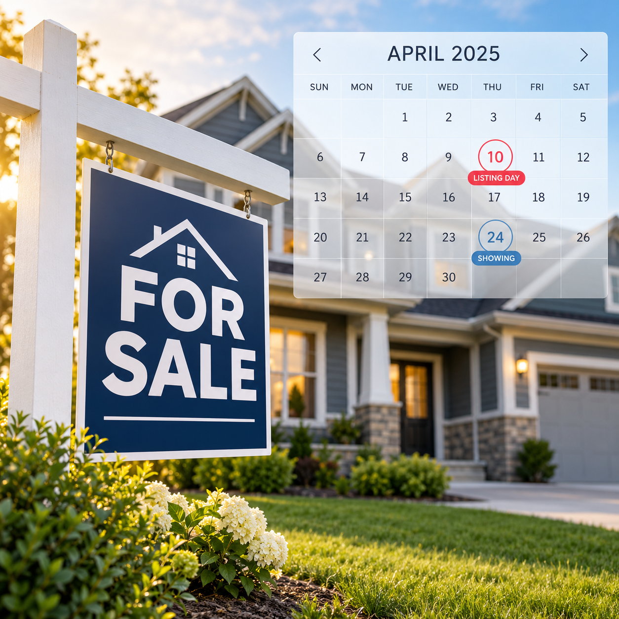 A for-sale sign in front of a San Antonio house with a calendar overlay representing selling timelines