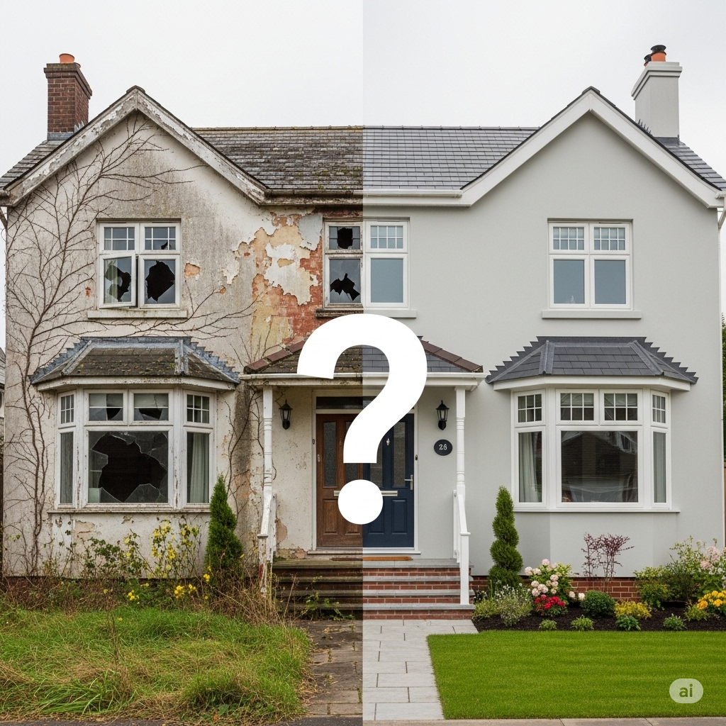 A split image of a house, one half showing a dilapidated and unkempt exterior with peeling paint and overgrown plants, and the other half showing a beautifully renovated and well-maintained side. A large question mark sits in the middle, symbolizing the decision of whether to fix up a house before selling.