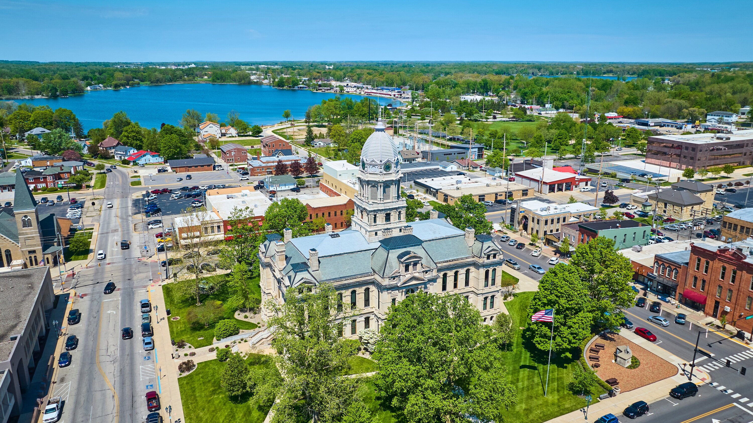 Aerial View of Historic Courthouse and Bustling Town, Warsaw, Indiana