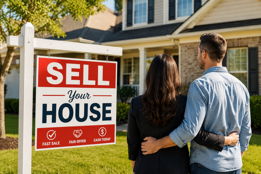 “Sell Your House” sign displayed in front of a suburban home with a couple viewing the property, highlighting a fast sale, fair offer, and cash payment.