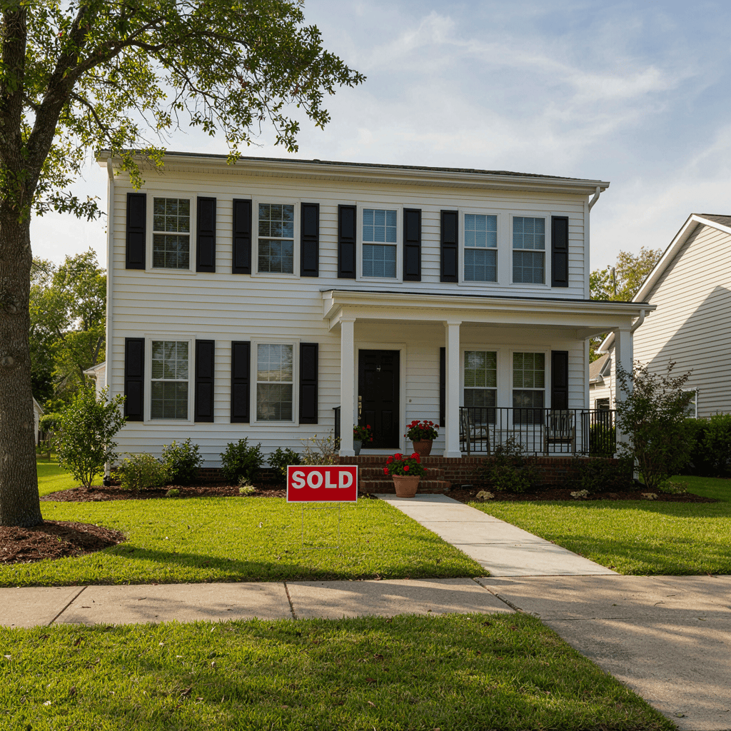 Two-story suburban house with a SOLD sign in the front yard, representing a successful home sale