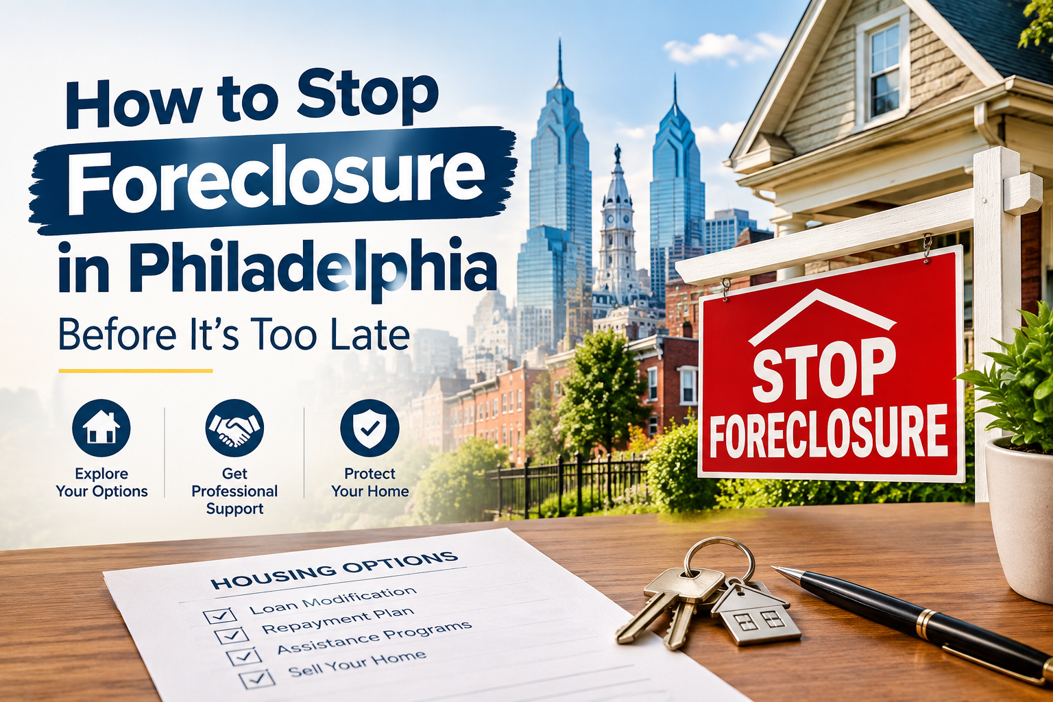 Philadelphia foreclosure prevention graphic with “How to Stop Foreclosure in Philadelphia” headline, STOP FORECLOSURE sign, home, skyline, keys, and housing options.